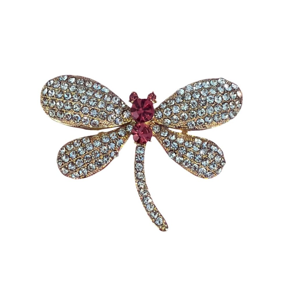 Gold Tone Dragonfly Pin Brooch Clear Pink Rhinestones 1.75" Insect 10.07g NWOT